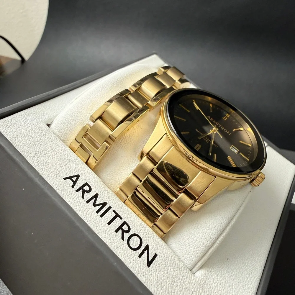Armitron Men's 20/5374GP Watch and Bracelet Set Gold Tone New Battery Date Func